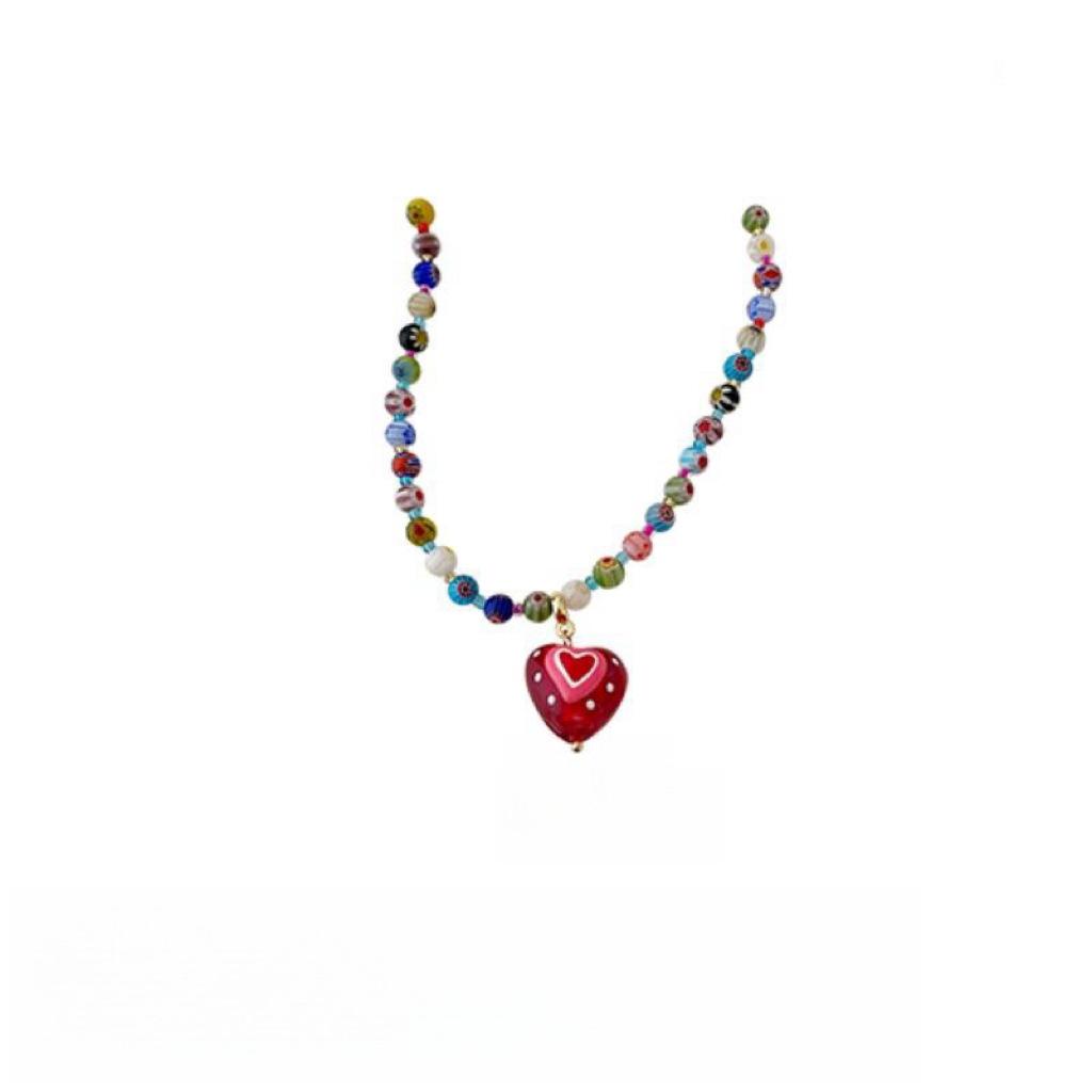 Color Dopamine Glazed Love Pendant Necklace Female Sweet Cool Babes Wind Beaded Collarbone Chain Accessories Collarbone Neck Chain