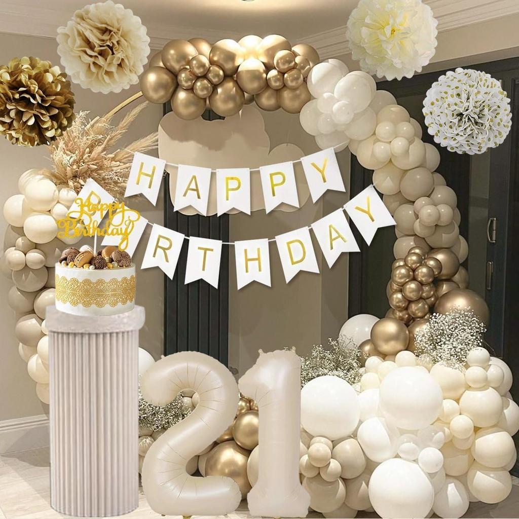 21st Birthday Decorations for Her, Happy 21st Bday Decorations White and Gold Balloons Happy Birthday Banner Tablecloth Fringe Curtain Cake Topper