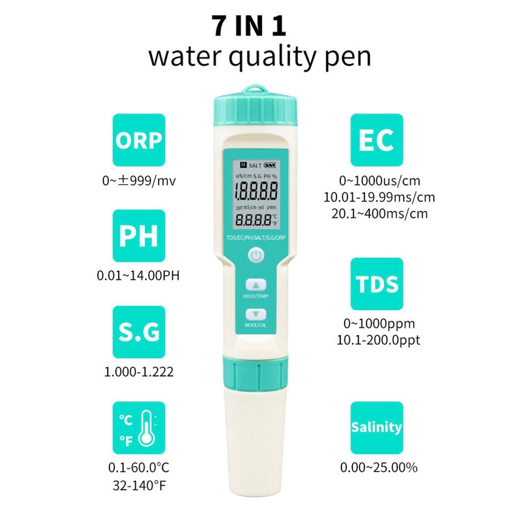 7 In1 Water Quality Tester Waterproof pH/EC/TDS/Temperature Meter