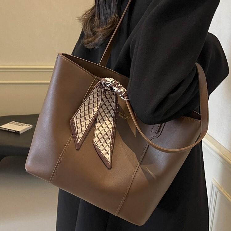Wine Red PU Leather Tote Bag For Women Business  Large Capacity Shoulder Bag With Silk Scarf Decor For Daily Shopping Travel