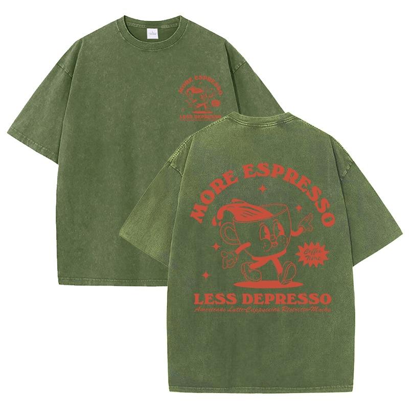 More Espresso Less Depresso Letter Cup Drink Print Washed Womens Tee Shirt Cotton T-Shirts New Breathable Clothes All-Match  Top