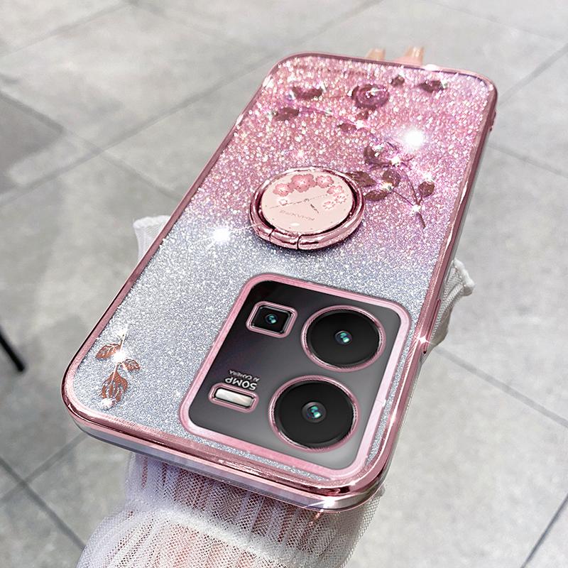 

KADEM For vivo Y35 4G (2022) Kickstand TPU Case Gradient Glitter Rhinestone Flower Phone Cover Rose Gold