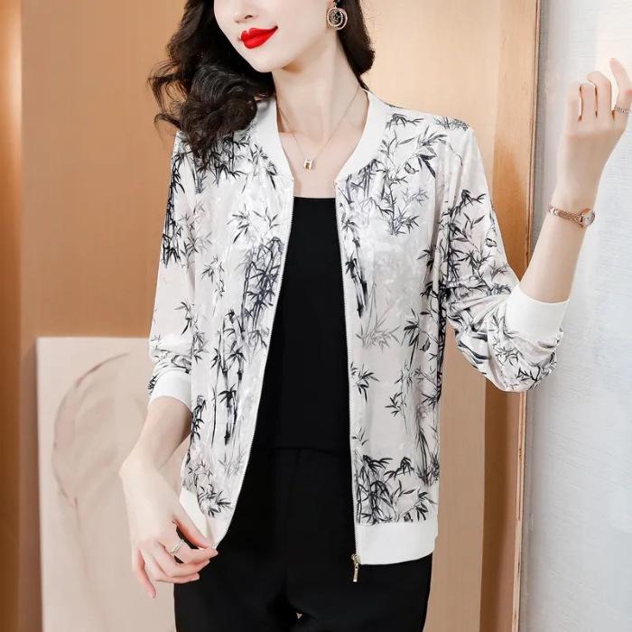 Chiffon Sun Protection Jacket: Chinese Ink Bamboo Print, Summer Long Sleeve, Women s Plus Size. 5XL