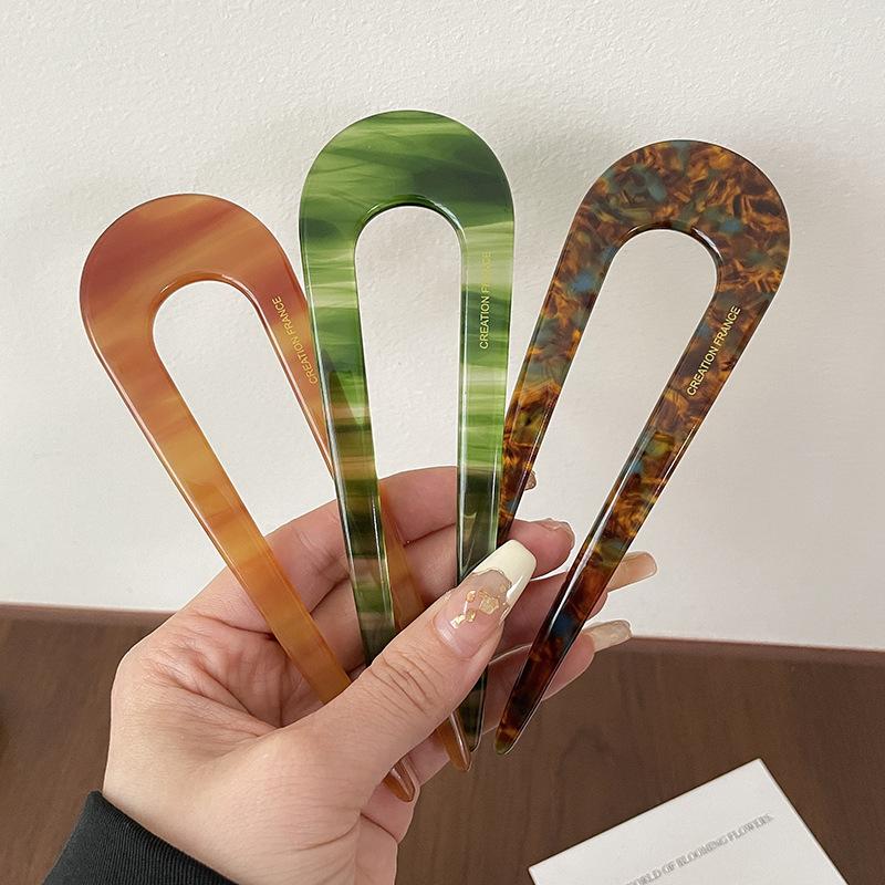 Fashion Marble Print U-Shaped Hair Fork Acetate Geometric Hair Clip Stick For Bun Maker Women Girls DIY Vintage Hairstyle Tools