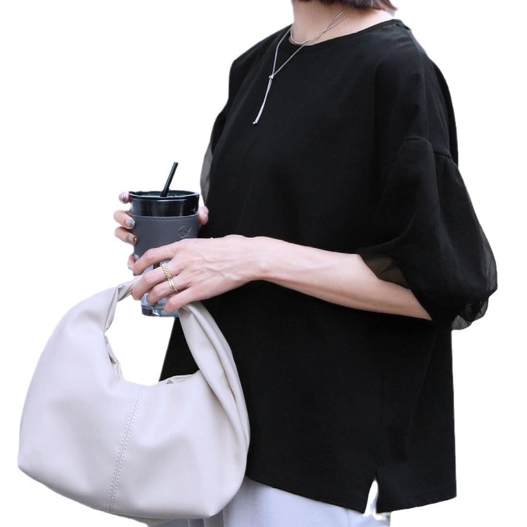Pure Cotton Loose T-shirt for Women's Summer Mesh Lantern Five-quarter Sleeve Round Neck Top