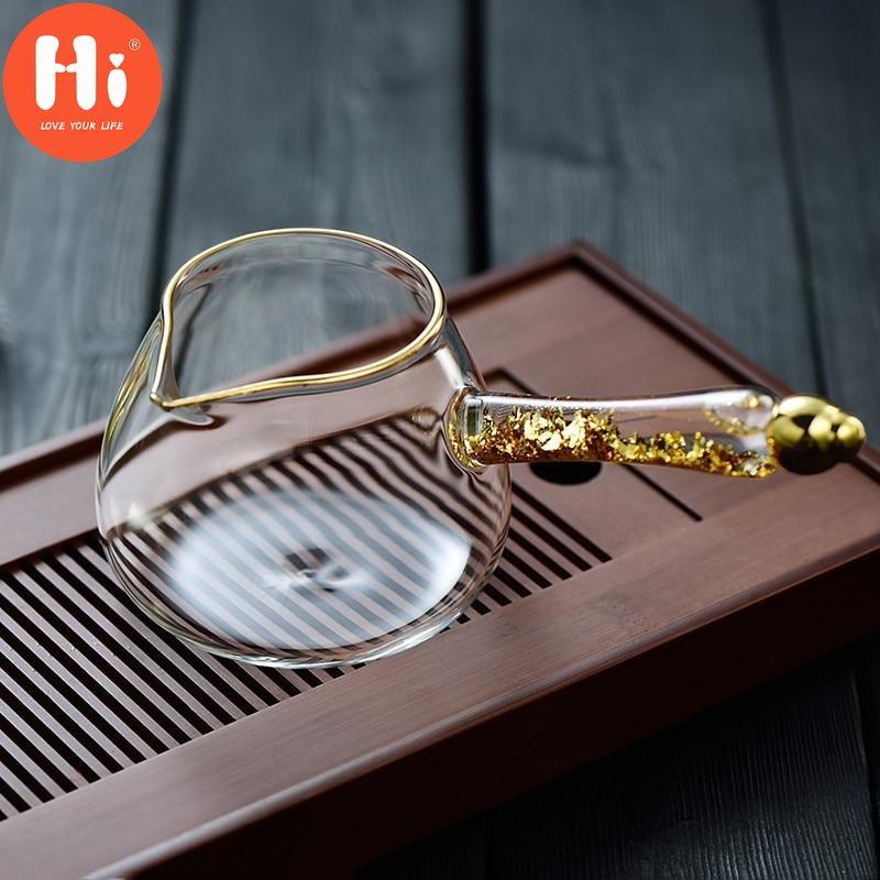 Hi Heat Resistant Teacup Glass Gold Leaf Handle Kung Fu Fair Cup Drinkware Transparent Tea Dispenser