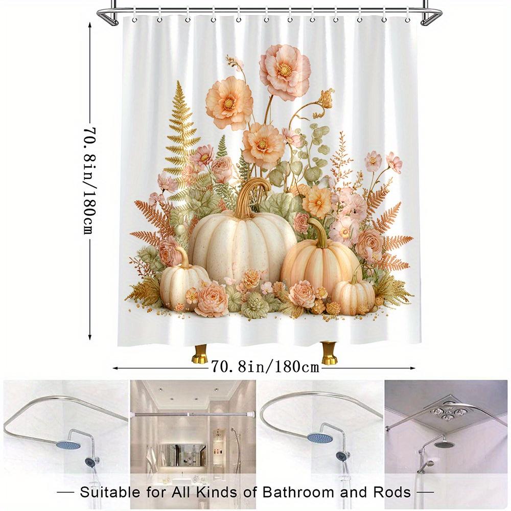 1Pc Fall Shower Curtain Autumn Floral Pumpkin Design With Pink Roses, Greenery & Golden Foliage - Beige & Golden Bathroom Decor,