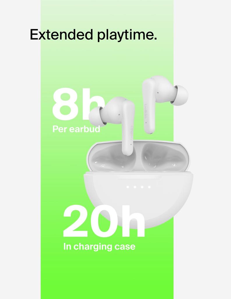 Belkin SOUNDFORM Rhythm True Wireless Earbuds Bluetooth 5.3 5.8mm Drivers 30H Playback Call Noise Reduction Fast Charging IPX4 White AUC012btWH