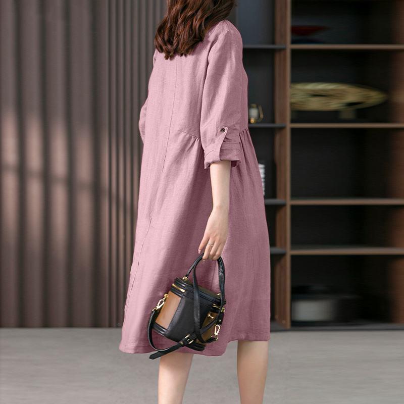 2023 Spring/Summer Women's Loose Cotton Linen Seven-Sleeve Mid-Length Shirt Dress
