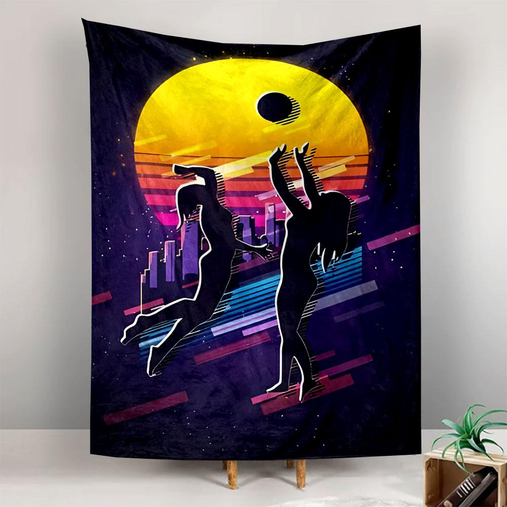 Synthwave Volleyball Wall Tapestry Retro Sunset Women Silhouette City Neon 80s Decor for Dorm Game Room Gift