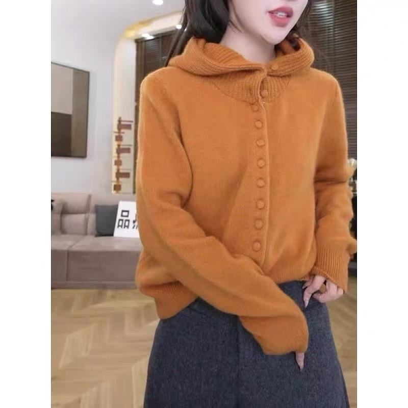 

Женский вязаный кардиган с капюшоном, однобортный свитер-жакет, новый осенне-зимний повседневный свободный свитер с капюшоном, многослойный топ One Size оранжевый