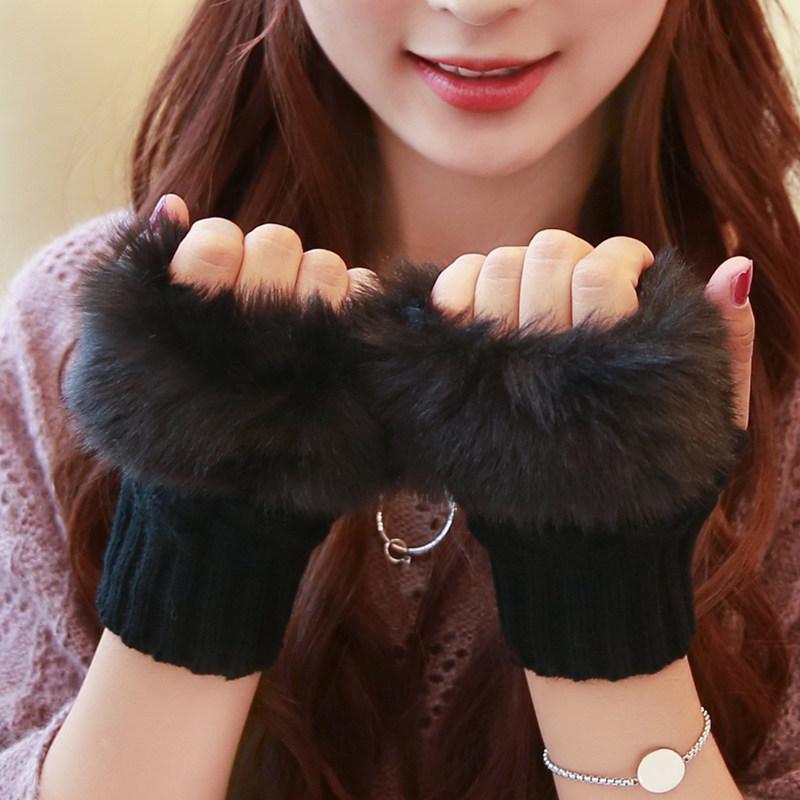 Mittens Fingerless Soft Stretch Gloves Faux Rabbit Hair Gloves Women Girls Winter Warm Gloves Warm Knitted Half-finger Glove