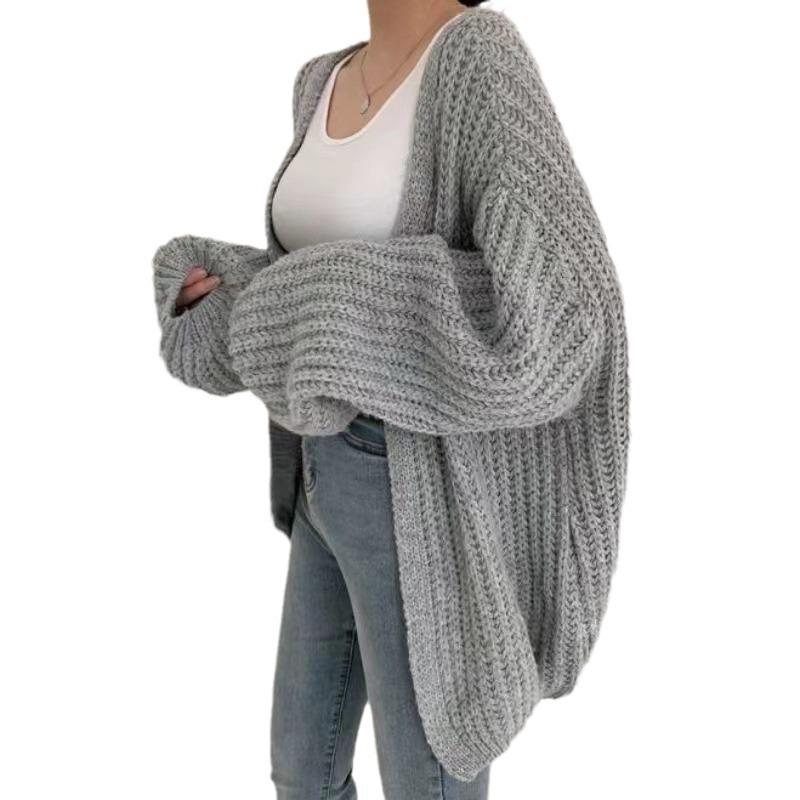 2024 autumn new lazy style versatile loose casual solid color lantern sleeve knitted cardigan sweater women