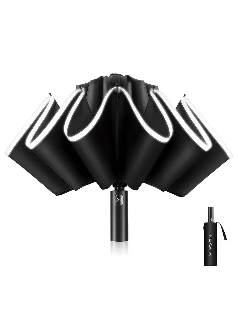 XIXVON Deštník Pro UPF UV Reflexní Bezpečnostní Odolný Cestovní Automatický Obráceně Skládací Deštník (10 žeber, Černá) 50+ 99% Ochrana, Proužek, Větruodolný,