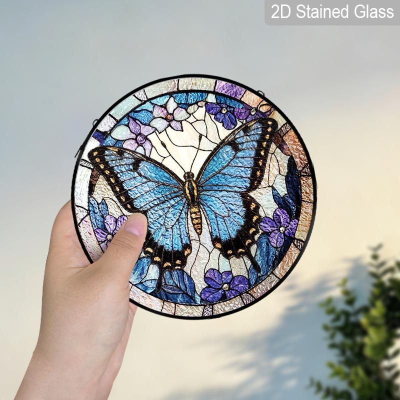 2D Flat Stained Glass Blue Butterfly Window Decoration, Elegant Colored Glass Plate with Chain, Charming Sun Catcher Wall Art Home Garden Decor