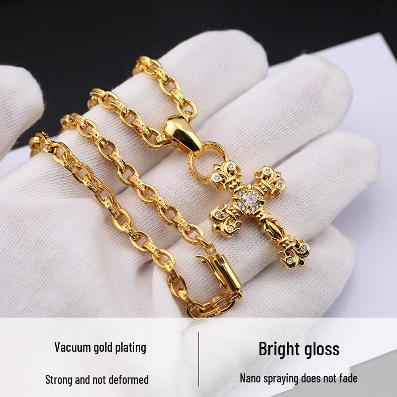 24K Gold-Plated Diamond Cross Pendant Necklace - Unisex Luxurious Style