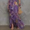 Women Purple Floral Print Halter Neck Maxi Dress Asymmetric Ruffled Slit Vacation Dress