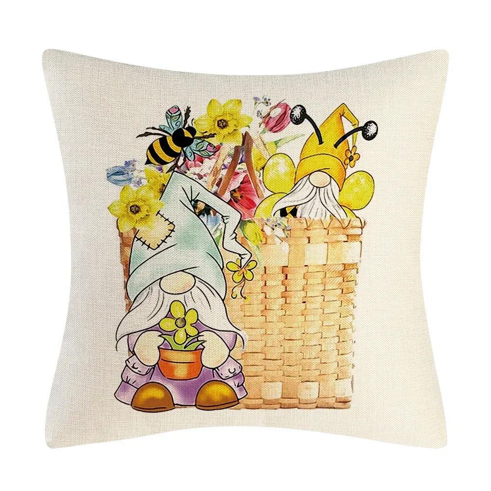 Federa Cuscino Decorativa per la Casa di Primavera Carino Gnomo Api Nido d'Ape Stampata Gialla Federa Cuscino Quadrata Federa Cuscino da Lancio