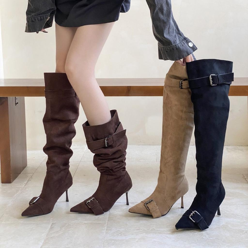 2025 Autumn and Winter New European and American Pointed Head Thin Heel High Heel Temperament French Fashion Sexy Belt Buckle Stacked Boots