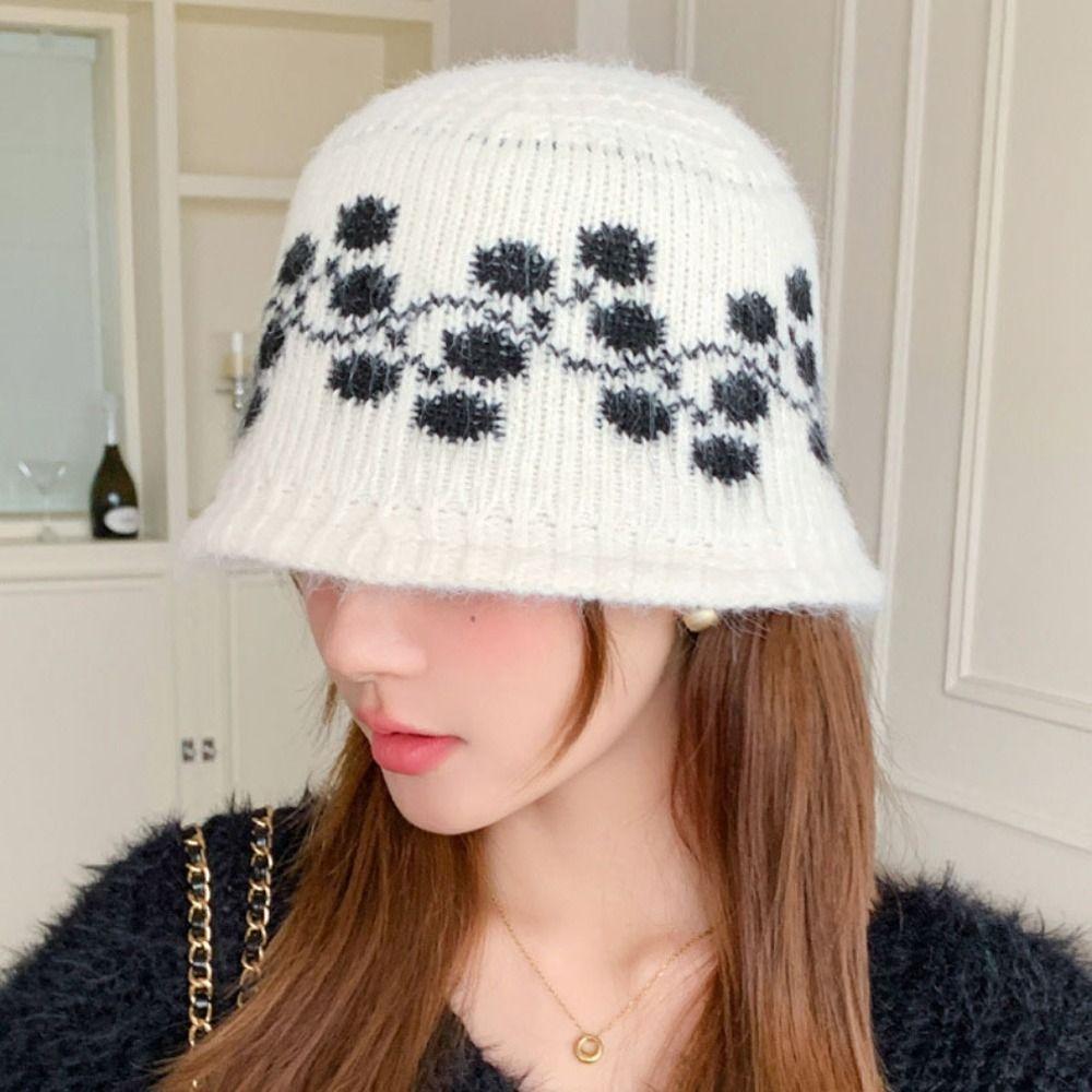 Sweet Floral Knitted Bucket Hat Retro Warm Fisherman Hat Jacquard Woolen Hat  Autumn and Winter