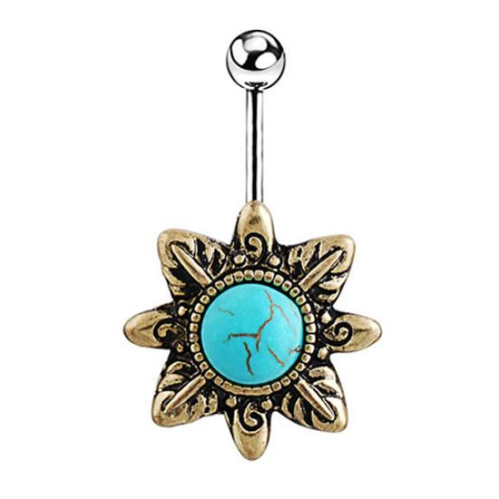 Retro Sunflower Turquoise Belly Button Navel Bar Ring Body Piercing Barbell Gift
