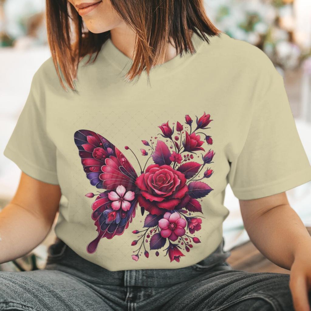 Floral Butterfly Fashion Clothes Summer Spring Flower Tee Ladies Cartoon Clothing Short Sleeve Graphic Women T-shirt Female Top