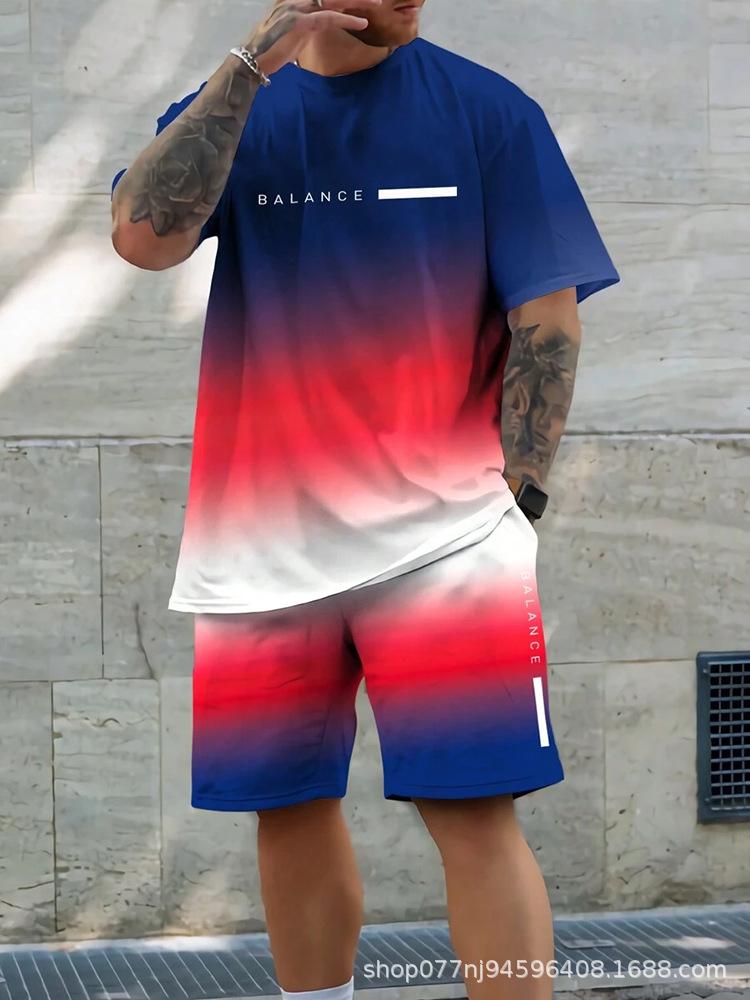 

Men s Blue Pink Gradient Short Sleeve T-Shirt & Shorts Set with Black Palm Tree Print, Beach Casual Outfit 5XL