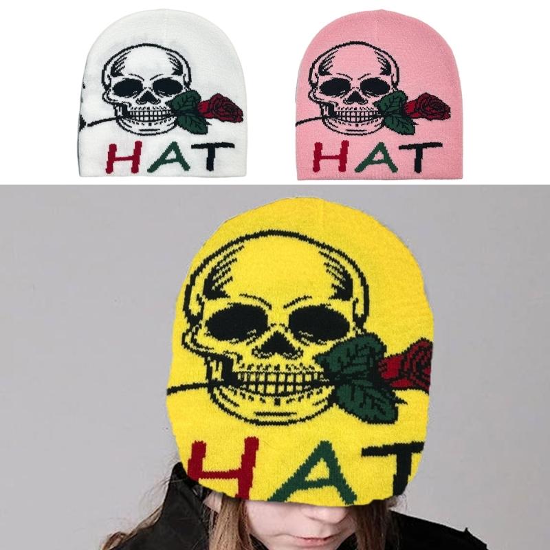 Teens Elastic Beanie Knit Skull Caps with Jacquard Skull&Rose Pattern Skiing Hat