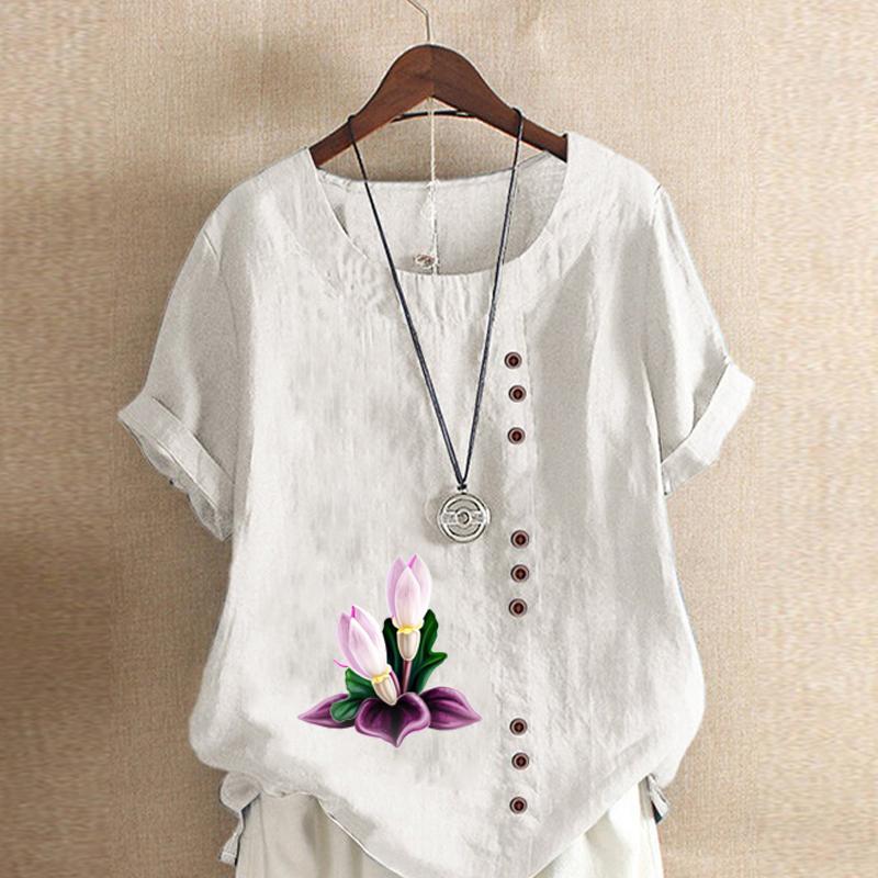 Women's Fashion Round Neck Short Sleeve T-shirt Casual Cotton Linen Graphic Shirt Leisure Loose Flowers Prined Summer Blouse Tops