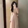 Beautiful and unique waist temperament long dress French gentle wind pink small flying sleeve dress summer beautiful small skirt