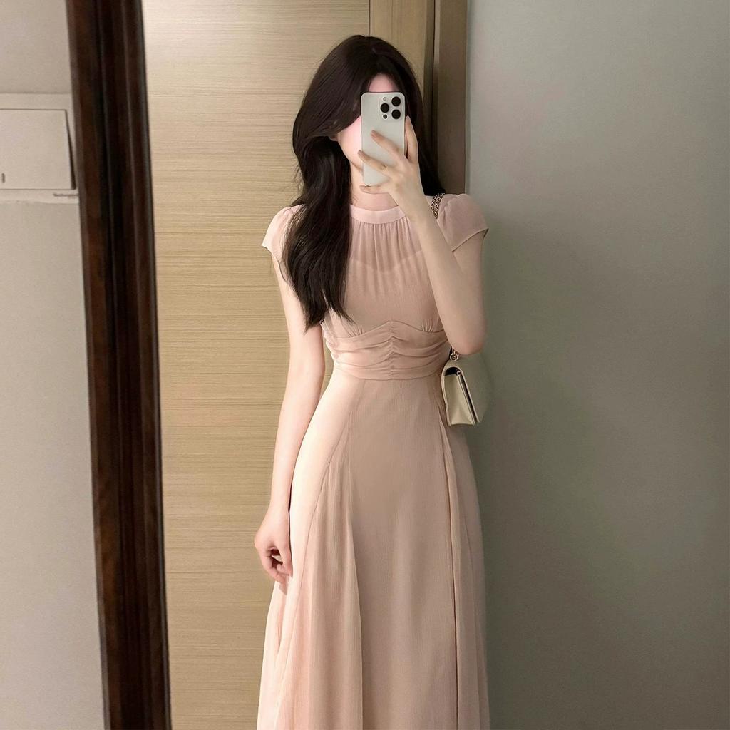 Beautiful and unique waist temperament long dress French gentle wind pink small flying sleeve dress summer beautiful small skirt