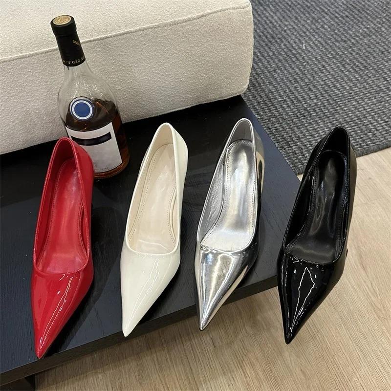 Pesstwei Spring Sexy High Heel Pointed-Toe Wedge Heel Women's Leather Shoes Silver Red Wedding and Banquet Shoes Size 40