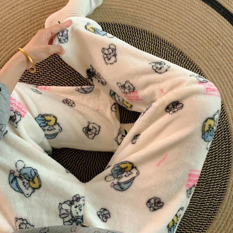 Korean Style Women's Fleece Pajama Pants - Flannel Cartoon Design for Autumn and Winter