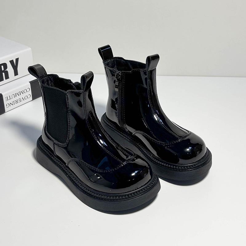 Kids  Ankle Boots  Autumn  Boys Girls Unisex Glossy PU Leather Short Boots Comfortable Plush Classic Chelsea Boots 26 чёрный