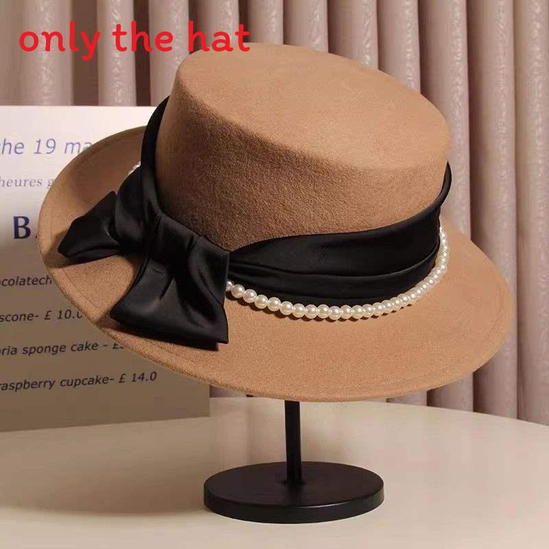 

French Artificial Pearl Bow Widebrim Felt Hat For Elegant Autumn And Winter Style