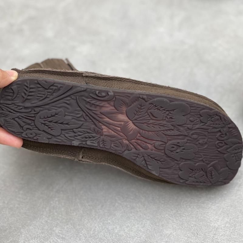 Johnature Echtes Leder Damen Schuhe Retro Weiches Rindsleder Runde Zehenpartie Plüsch Warm Flach Slipper Kurze Stiefel