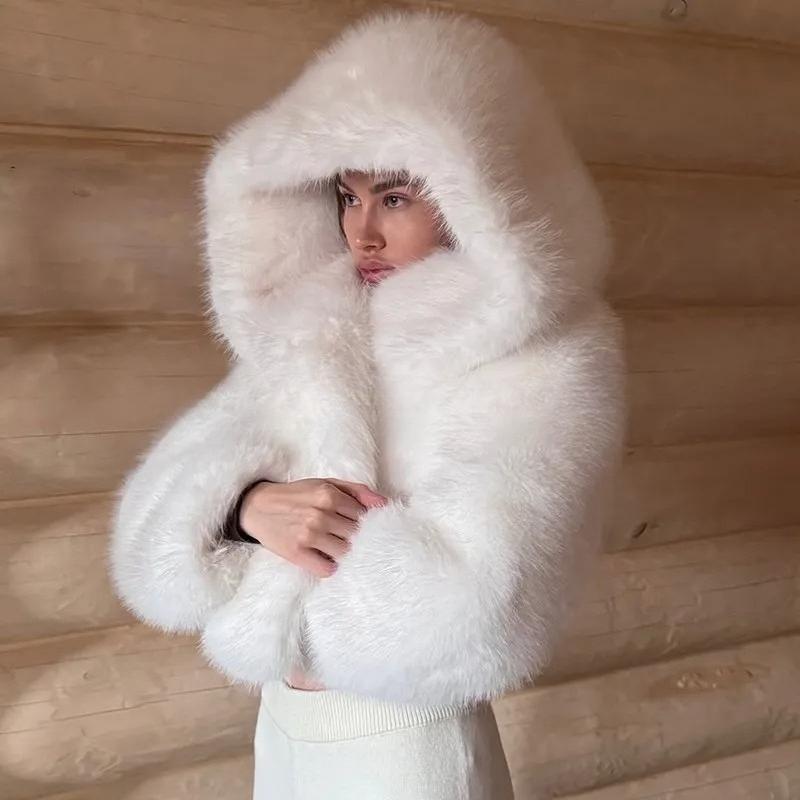 Winter Pure White Mountain Fashion Hooded Cropped Faux Fur Coat Women Fluffy Eco Fox Fur Jacket Girls Hot Overcoat