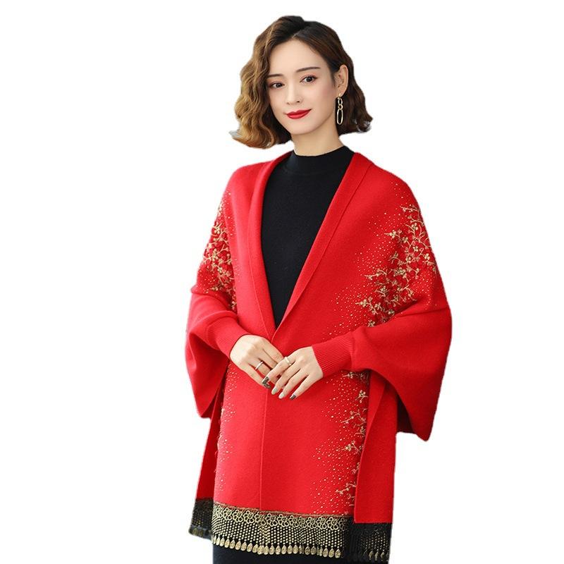 Versatile Scarf with Rhinestones for Women, Cheongsam Shawl, Imitation Cashmere, European and American Style, Hollowed-out Tassels, Thickened Cape