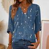 Womens V Neck Loose Fit Blouse with Floral Print Three Quarter Sleeve Button Casual Top for Daily Wear