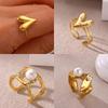 Roestvrij Staal Dubbellaags Brede Oppervlakte Ringen Voor Vrouwen Goudkleurig Geometrisch Hart Imitatie Parel Zirconia Ring Sieraden Feest