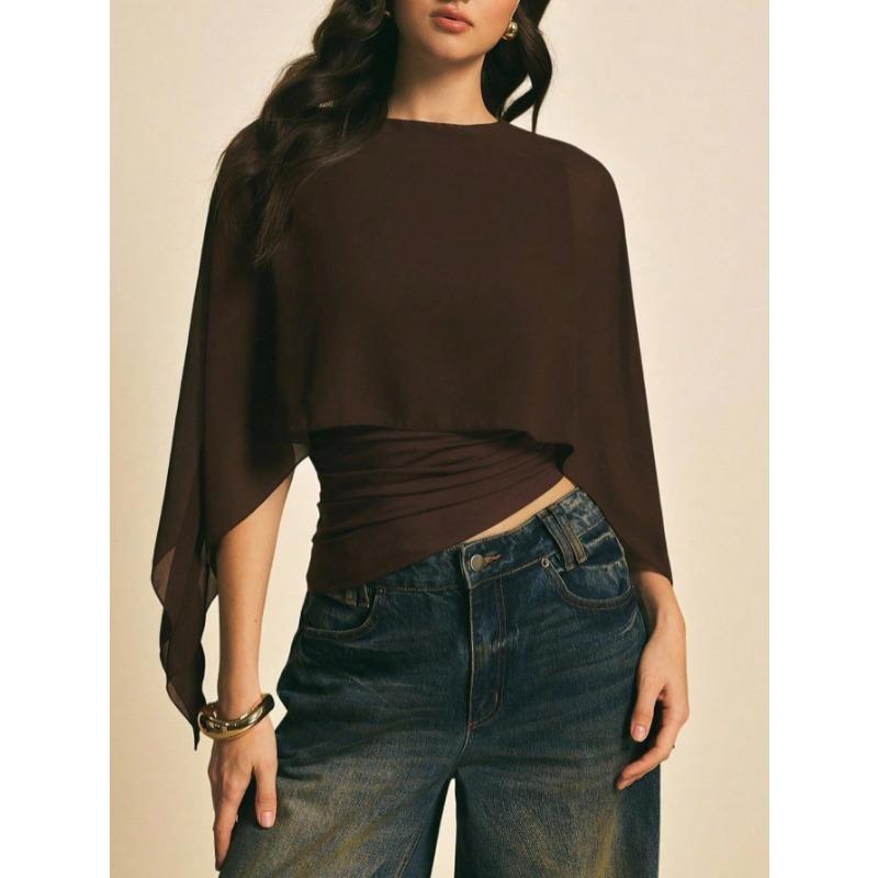 Women Irregular Pleated Covers New Slim Fit Short Blouse Fashion O-neck Elegant T-shirt Spring Loose Solid Color Casual Crop Top