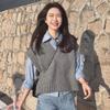 Autumn New Grey Sleeveless Knitted Sweater Vest Women Winter Solid V Neck Loose Pullover Vests Sweaters Female Elegant Casual Knitwear Waistcoat 24761