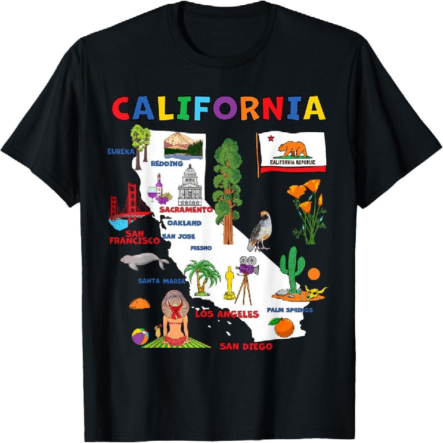 Map of California with flag, Landmarks and major cities T-Shirt XXXXXL разноцветный