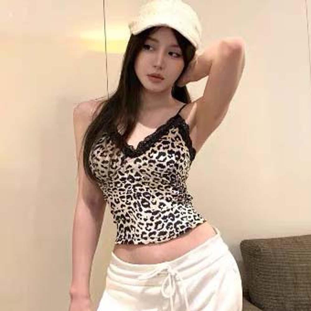 Lace Leopard Leopard Print Corset Splicing Crop Tops Retro Fashion Suspender Vest  Ladies