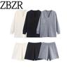 Zbzr Spring New Women Clothes Western Style French Style Fashion Temperament Simple Curling Knitted Top Shorts Set