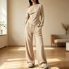 Women's Casual Striped Off-Shoulder Long Sleeve Top and Wide Leg Pants Set 2 Piece Outfit