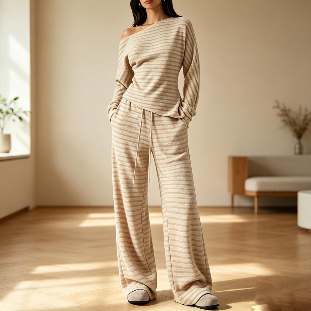 Women's Casual Striped Off-Shoulder Long Sleeve Top and Wide Leg Pants Set 2 Piece Outfit