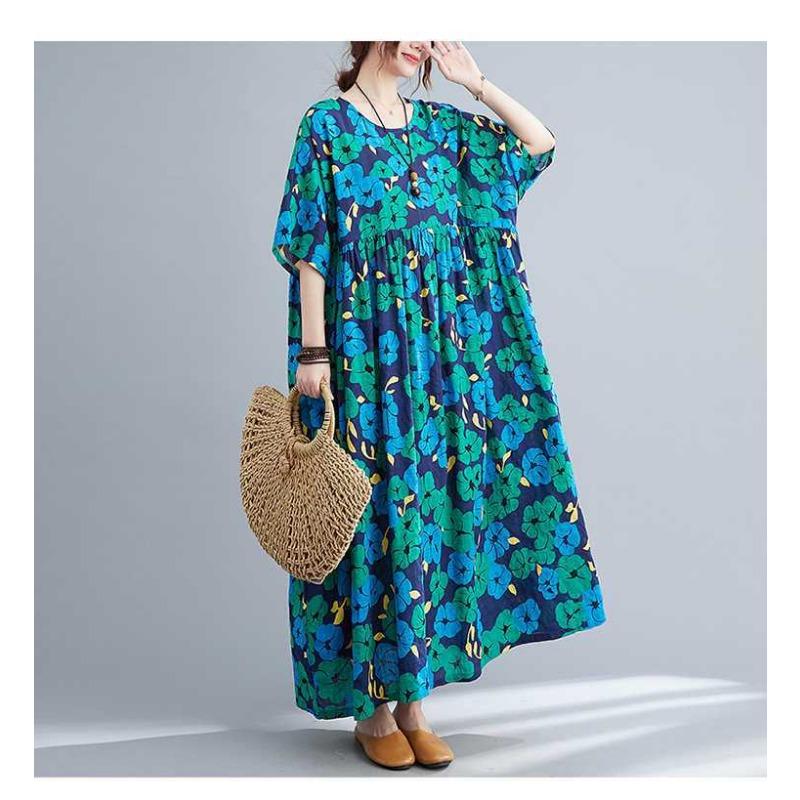 Summer New Literary Large Size Loose and Large Printed Round Neck Short Sleeve Dresses