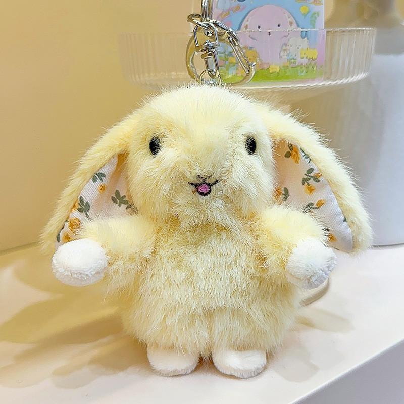 Hanging Rustic Ear Rabbit Plush Pendant With Broken Flowers Inside Ears For Gift
