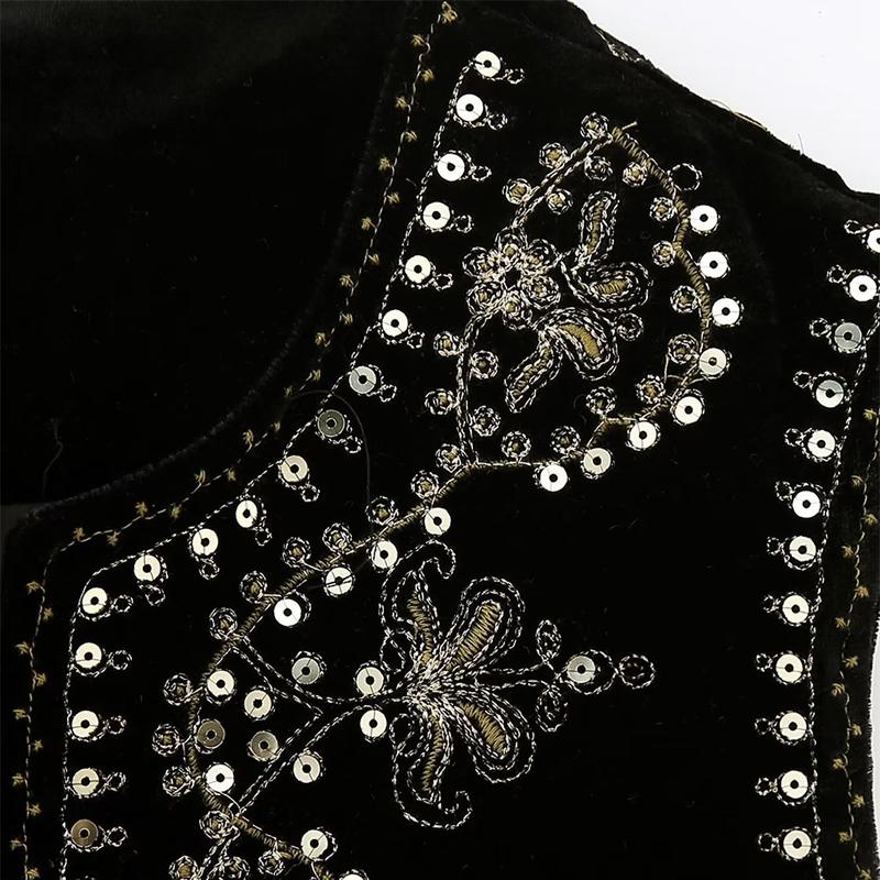 Sequin Embroidered Velvet Vest Tops Women Vintage Sleeveless O-Neck Black Vests 2023 Spring Causal Slim Street Lady Top